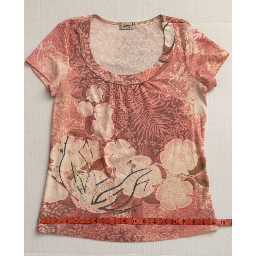 Vintage Y2K Oneworld Peach Coral Floral Rhinestone Scoop Neck Top Women's Small - Picture 5 of 7